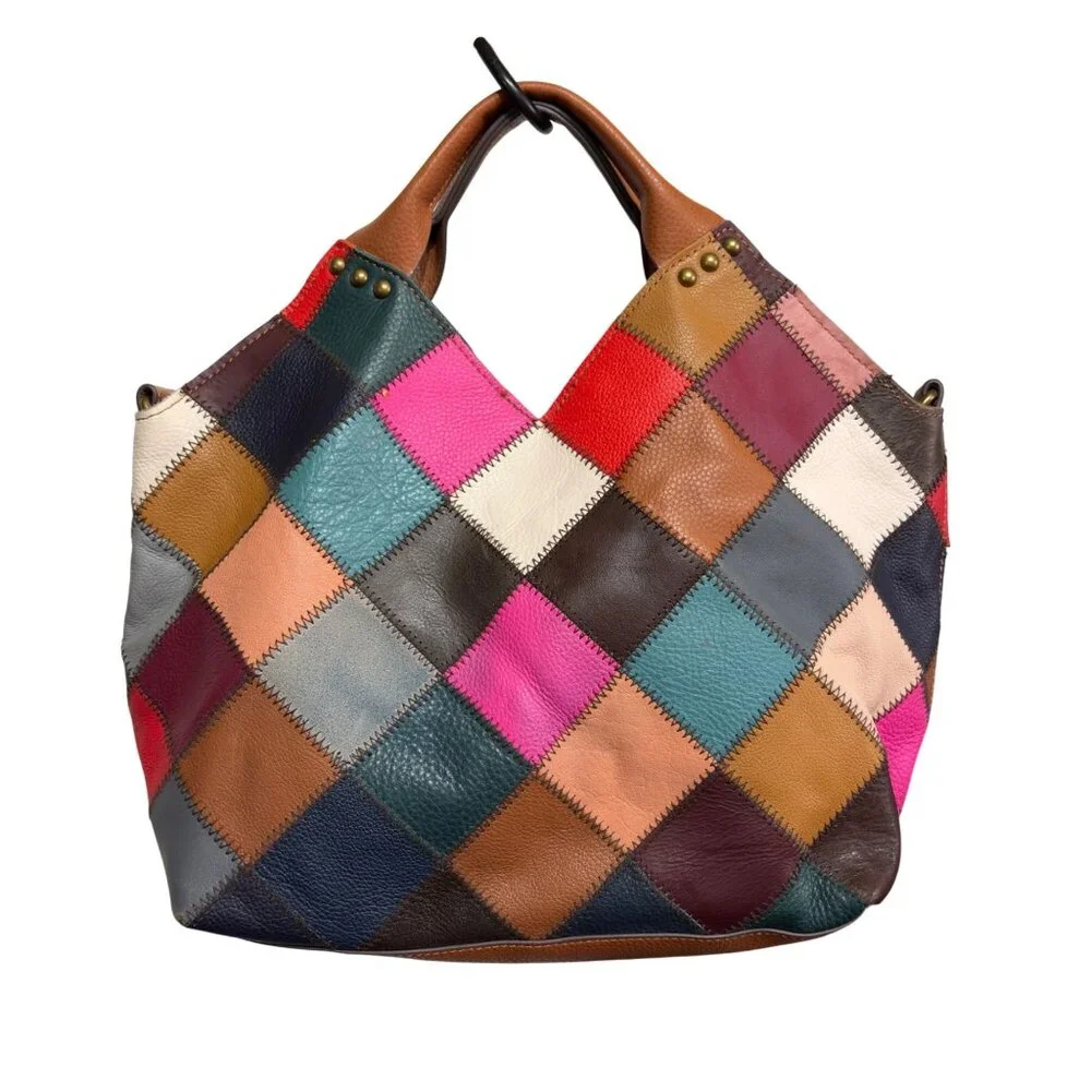Booba Patchwork Leather Tote Bag Multicolor Squares Brown Handles Dopamine Boho - Picture 5 of 16